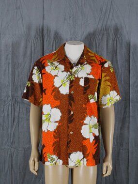 Vintage Hawaiian Shirt - Thick Cotton White Floral on Brown - Men's Large